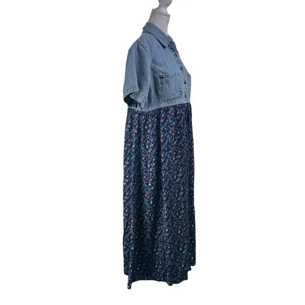 Vintage Cherokee Button Front Dress Denim Cotton Floral Size Large Blue - Picture 4 of 7